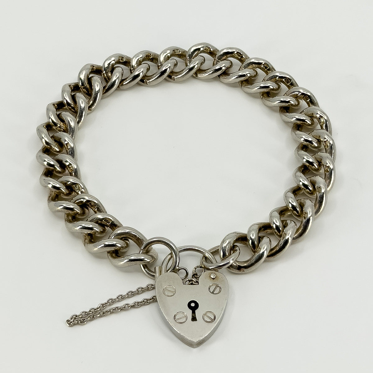 Chunky Vintage 1972 Sterling Silver Curb Links Bracelet & Heart Padlock 925