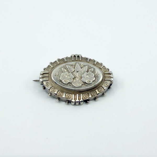 Antique Victorian Sterling Silver Aesthetic Roses Engraved Brooch 925