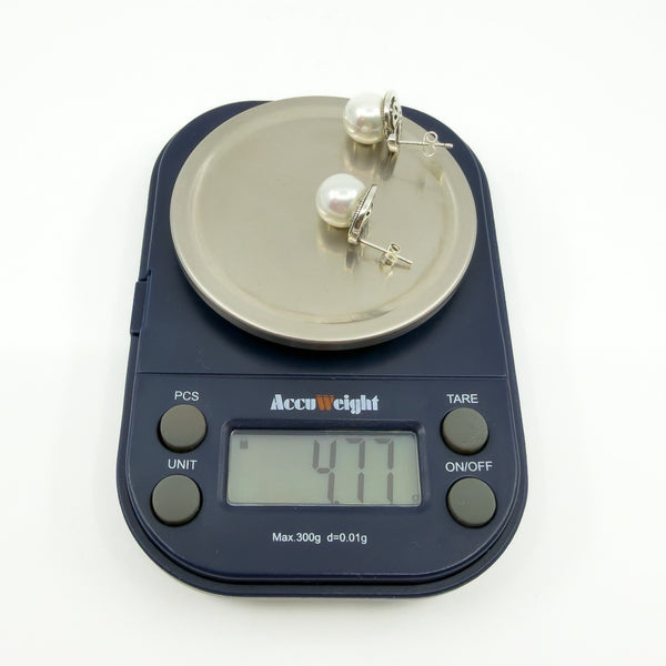 New & Unworn Chunky Sterling Silver White Pearl & CZ Stud Earrings 925