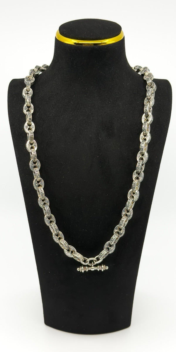 Vintage Sterling Silver Chunky Fancy Link Engraved 25” Chain & T-Bar 925 135g
