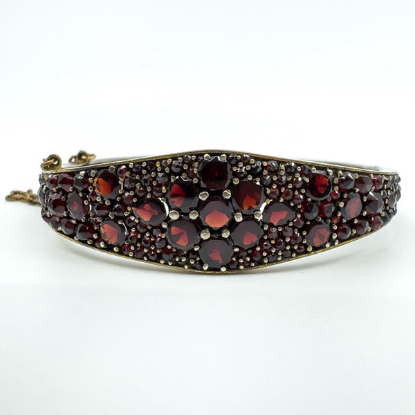 Antique Silver Gilt Bohemian Rose & Flat Cut Garnet Hinged Bangle / Bracelet