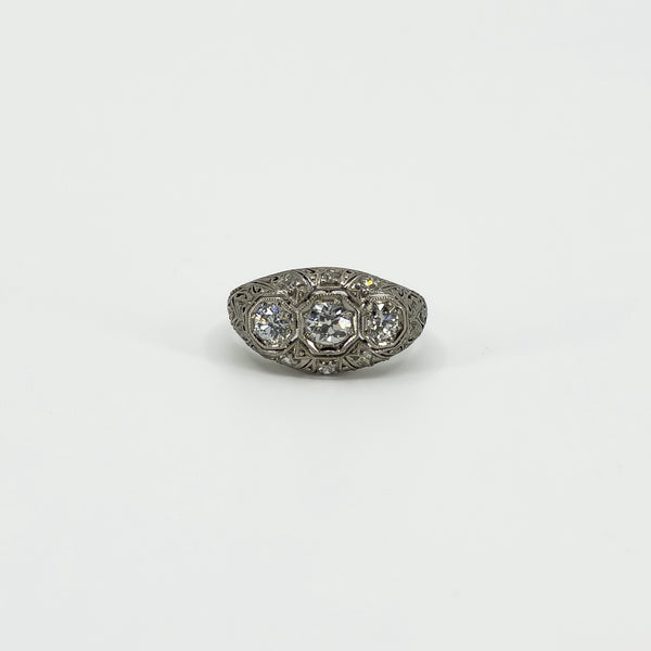 Art Deco Platinum 1ct Diamond Trilogy Ring 950 Size M - N