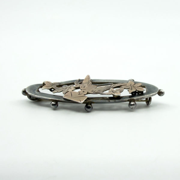 Antique Ewardian Sterling Silver & Rose Gold Swallow Ivy Love Letter Brooch 925