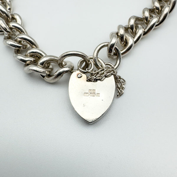 Vintage Sterling Silver Curb Links Bracelet & Heart Padlock 925 Heavy 33g