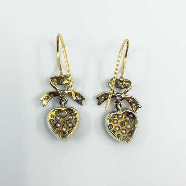 Silver Gilt Diamond & Pearl Puffy Heart Drop Bow Earrings 925
