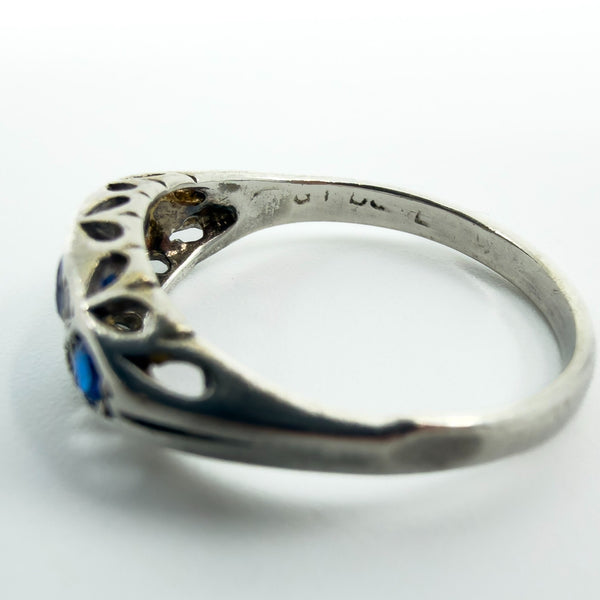 Vintage Sterling Silver Blue & White Paste Boat Ring 925 Size M - N