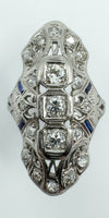 Antique / Art Deco Platinum Diamond & Sapphire Trilogy Navette Ring Size M
