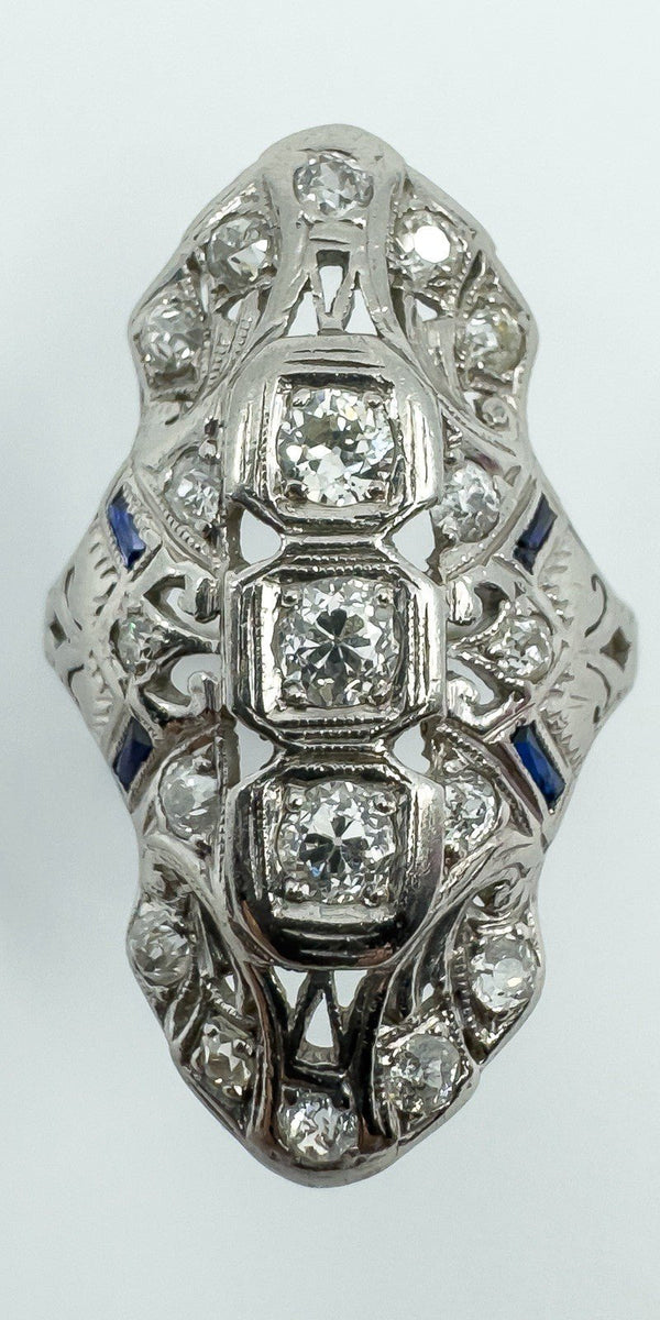 Antique / Art Deco Platinum Diamond & Sapphire Trilogy Navette Ring Size M