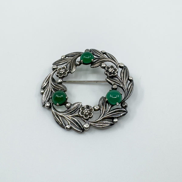 Large Vintage Sterling Silver Floral Green Chalcedony Brooch 925 Bernard Instone