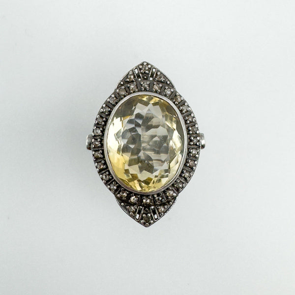 12ct Citrine & Diamond Navette Cocktail Ring in Sterling Silver 925 Size M - N