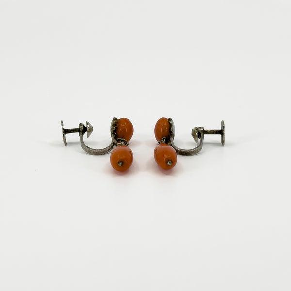 Antique Victorian Sterling Silver Natural Coral Screw Back Earrings 925