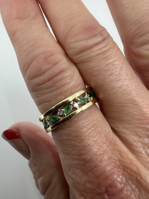 Chunky Vintage 9ct Gold Diamond & Emerald Full Eternity Band Ring 375 Size Q - R