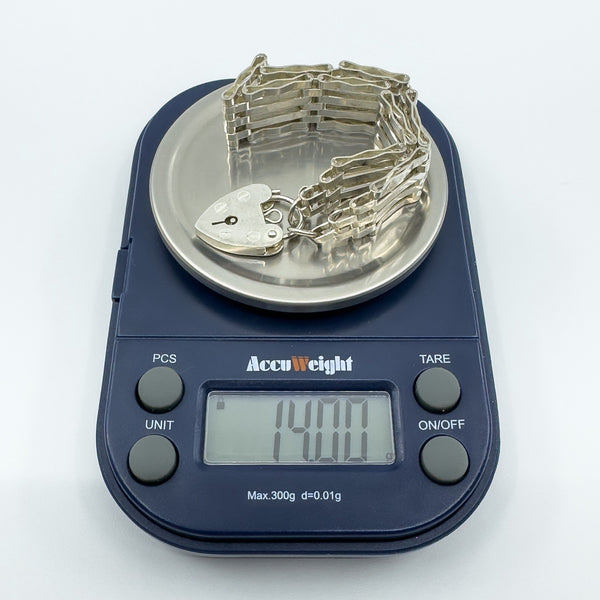 Vintage Sterling Silver 4 Bar Gate 7” Bracelet & Heart Padlock 925 (London 1978)