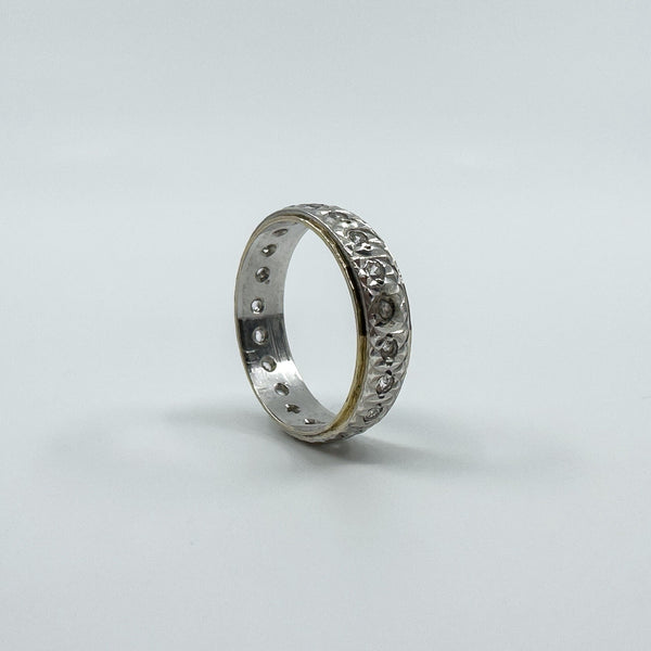 Vintage 9ct Gold & Silver White Spinel Engraved Full Eternity Band Ring Size N