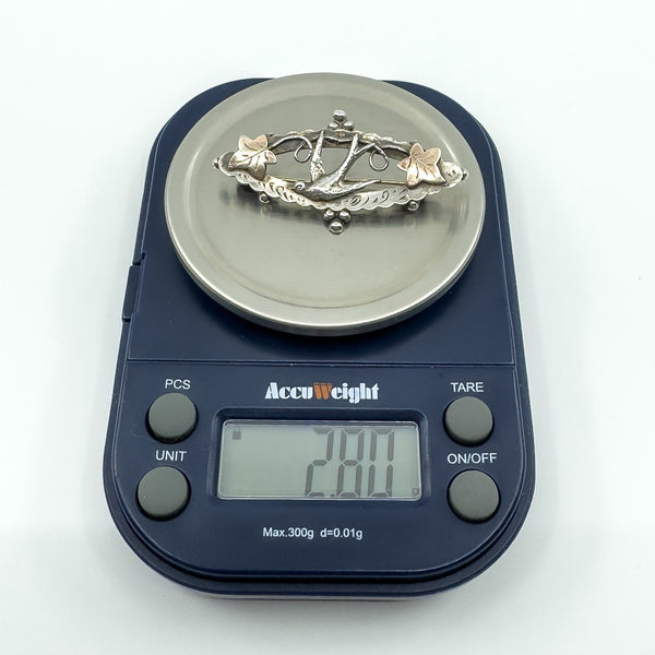 Antique Victorian Sterling Silver & Rose Gold Swallow & Ivy Brooch 925 (Chester)