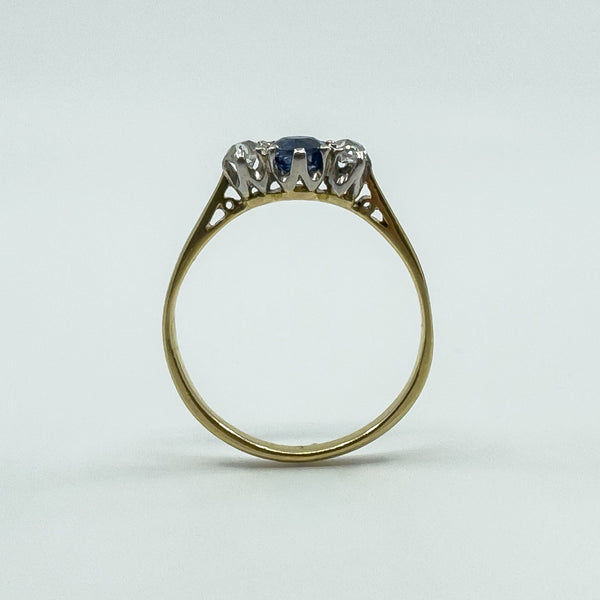Antique 18ct Gold Sapphire & Old Cut Diamond Trilogy Ring 750 Size P