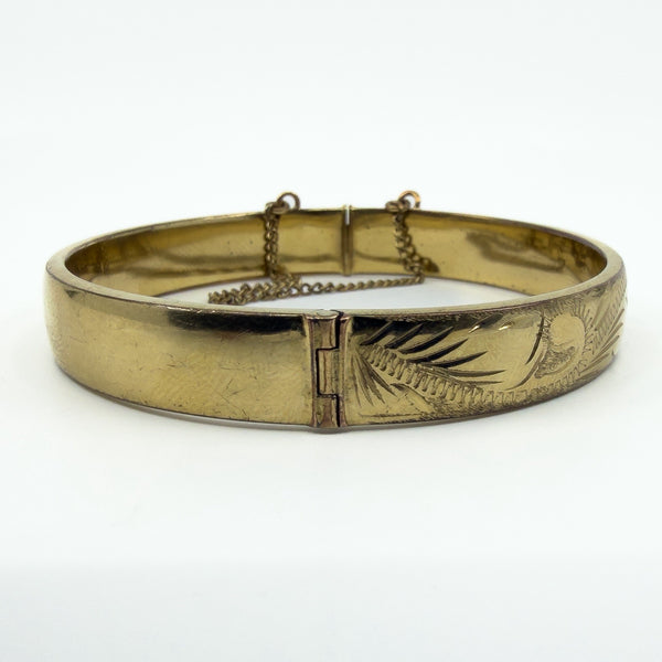 Vintage Rolled Gold Oval Foliate Engraved Hinged Bangle / Bracelet