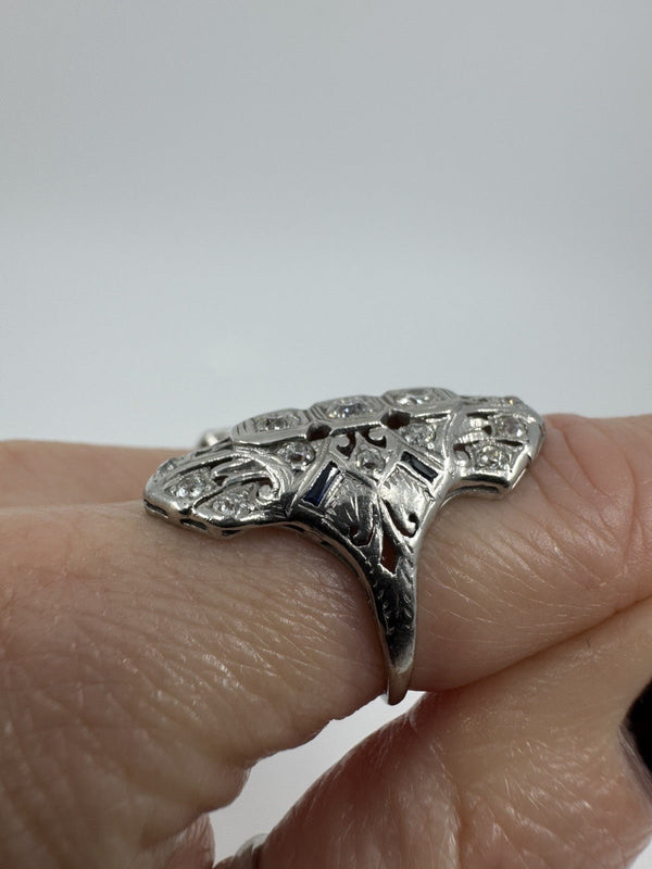 Antique / Art Deco Platinum Diamond & Sapphire Trilogy Navette Ring Size M