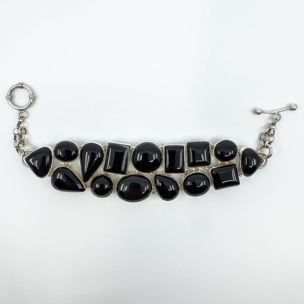 Unusal Sterling Silver Chunky Black Onyx 7.5" Bracelet 925