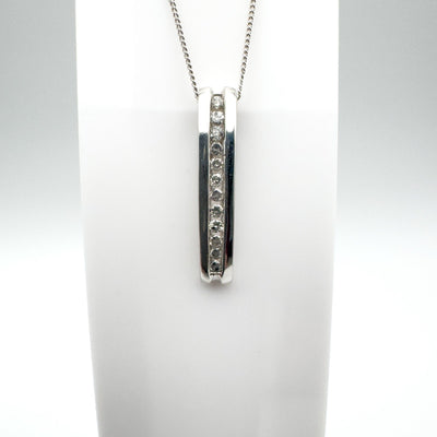 9ct White Gold 0.12ct Diamond Bar Drop Pendant & 18” Curb Chain