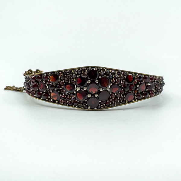 Antique Silver Gilt Bohemian Rose & Flat Cut Garnet Hinged Bangle / Bracelet