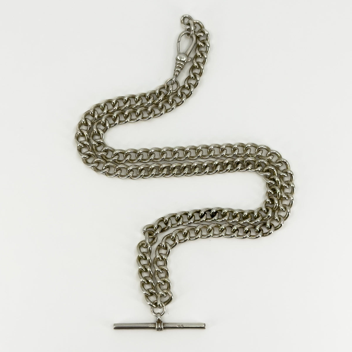 Vintage 1941 Sterling Silver 20" Albert Curb Chain & T-Bar Pendant 925