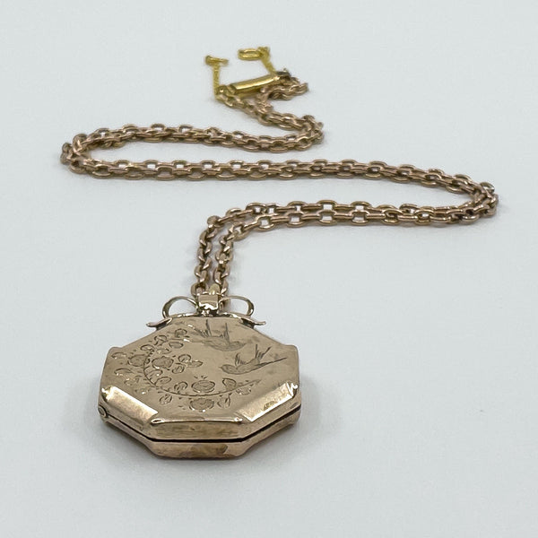 Vintage 9ct Rose Gold Swallow Engraved Photo Locket & 19" Chain / Necklace 375