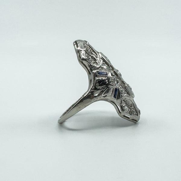 Antique / Art Deco Platinum Diamond & Sapphire Trilogy Navette Ring Size M