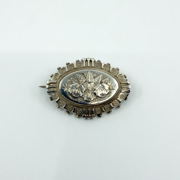 Antique Victorian Sterling Silver Aesthetic Roses Engraved Brooch 925