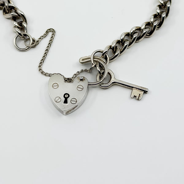 Vintage Sterling Silver Curb Links Bracelet with Heart Padlock & Key Charm 925