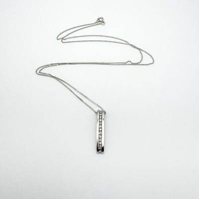 9ct White Gold 0.12ct Diamond Bar Drop Pendant & 18” Curb Chain