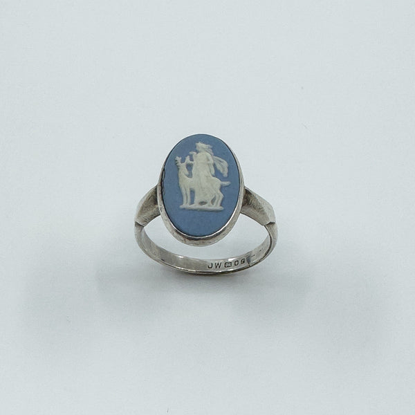Vintage Sterling Silver Wedgewood Blue Jasper Ware Cameo Ring 925 Size J - K