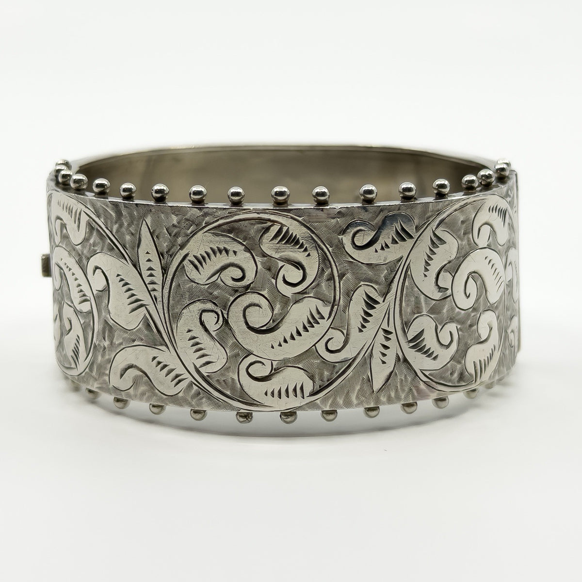 Wide Antique 1885 Victorian Sterling Silver & Gold Engraved Floral Bangle 925