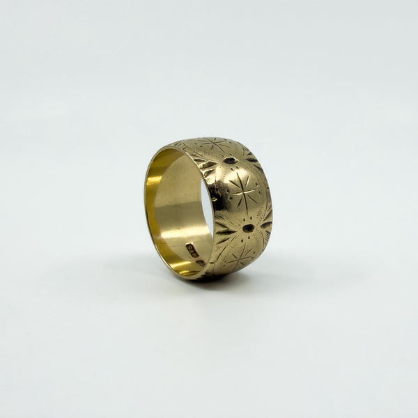 Wide Chunky Vintage 9ct Gold Starry Engraved Full Band Ring 375 Size L 1963