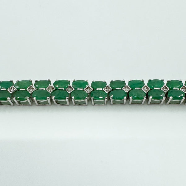 Sterling Silver Natural 16.50ct Emerald & Diamond Double Row Tennis Bracelet 925