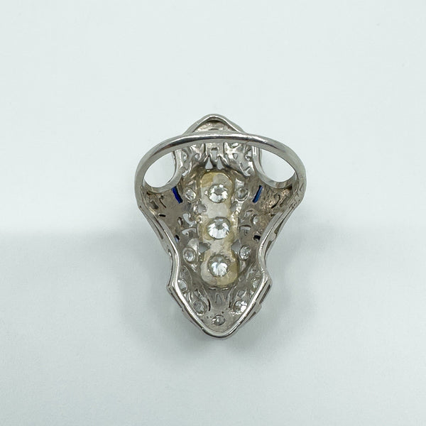 Antique / Art Deco Platinum Diamond & Sapphire Trilogy Navette Ring Size M