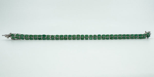 Sterling Silver Natural 16.50ct Emerald & Diamond Double Row Tennis Bracelet 925