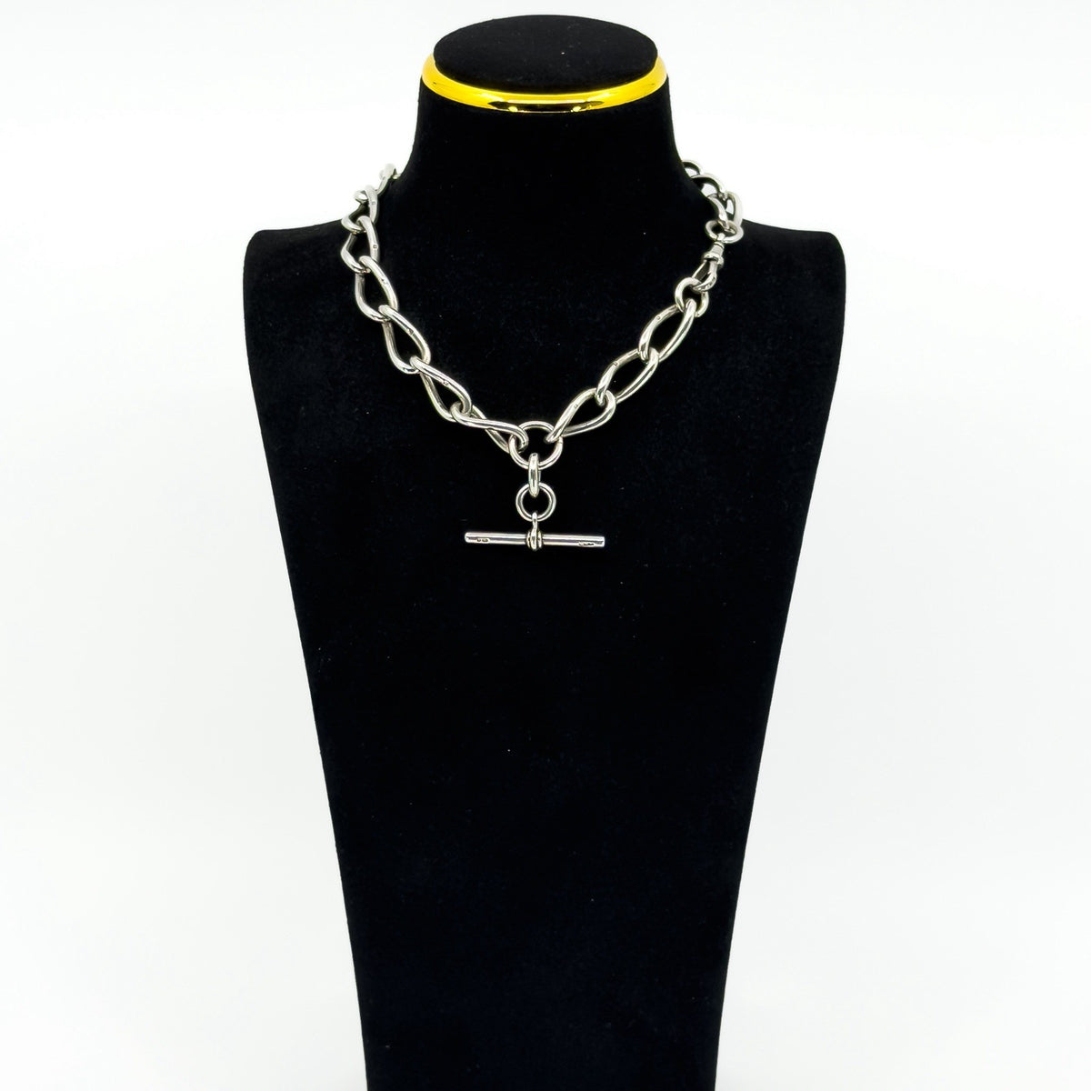 Chunky Antique Sterling Silver Oval Link 15” Albert Chain / Necklace & T-Bar 925