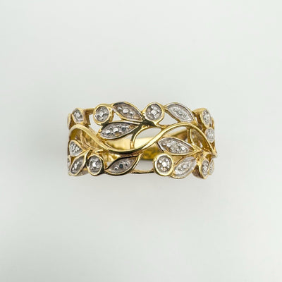 Vermeil Diamond Floral Band Leaf Ring in Sterling Silver 925 Size R - S Eternity