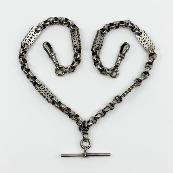 Antique Sterling Silver Chunky Fancy Link 15.8” Albert Chain & T-Bar 925