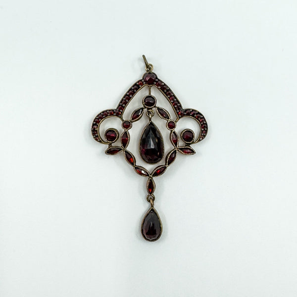 Large Antique Silver Gilt Bohemian Rose Cut Garnet Pendant / Art Nouveau c1900