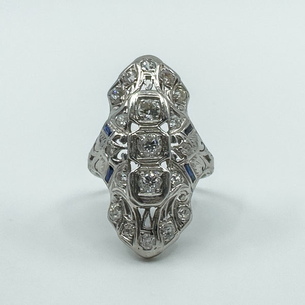 Antique / Art Deco Platinum Diamond & Sapphire Trilogy Navette Ring Size M