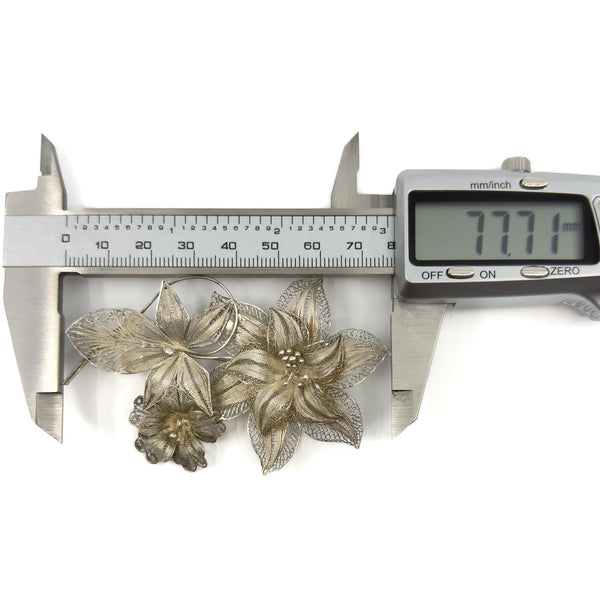 XL Vintage Silver Filigree Trio of Flowers Brooch 900