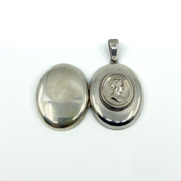 Large Chunky Antique Victorian Sterling Silver Cameo Portrait Locket 925