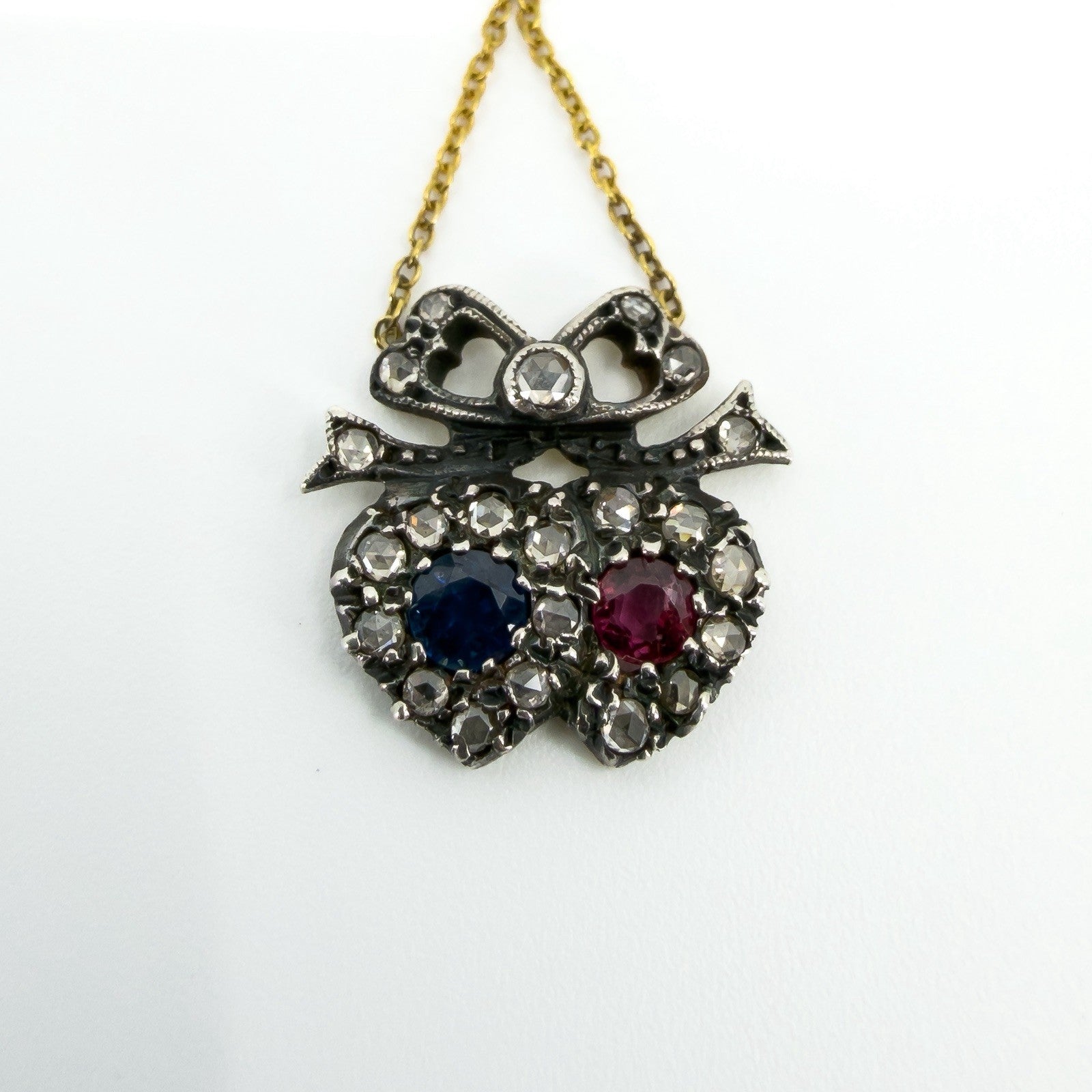 18ct Gold Ruby Sapphire & Diamond Double Sweetheart Bow Pendant & Necklace 750
