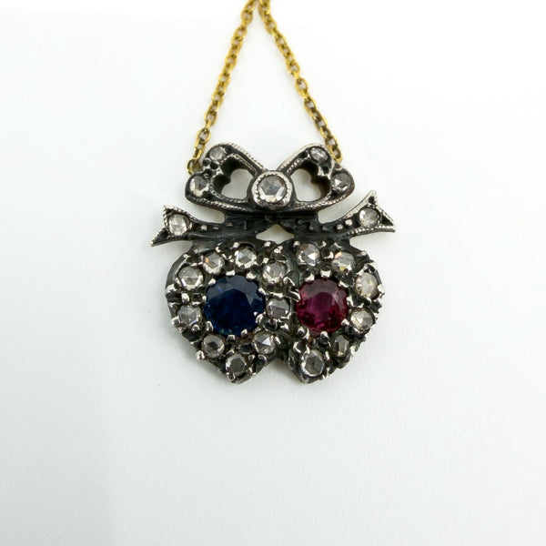 18ct Gold Ruby Sapphire & Diamond Double Sweetheart Bow Pendant & Necklace 750