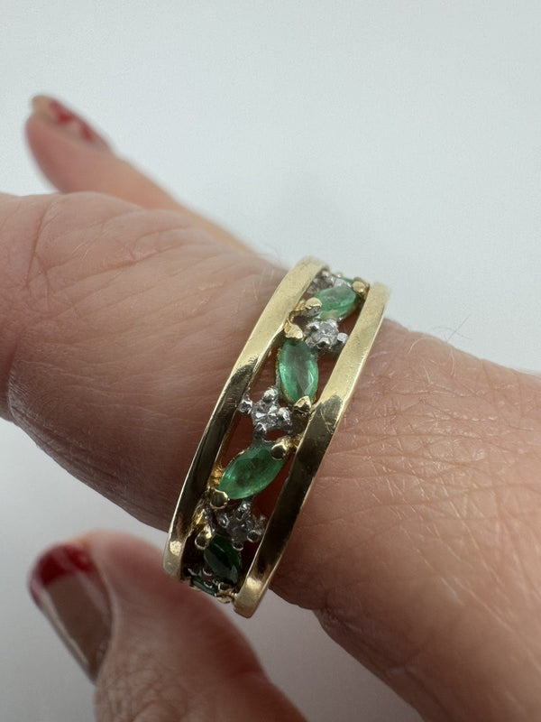 Chunky Vintage 9ct Gold Diamond & Emerald Full Eternity Band Ring 375 Size Q - R