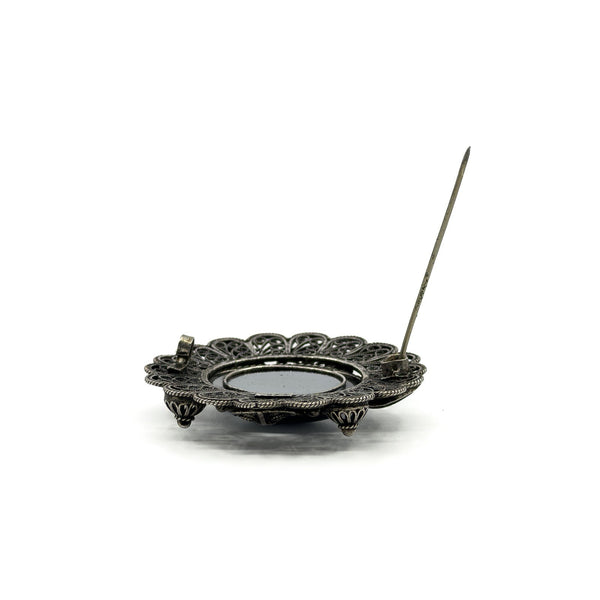 Large Vintage Sterling Silver Filigree Hematite Brooch 925