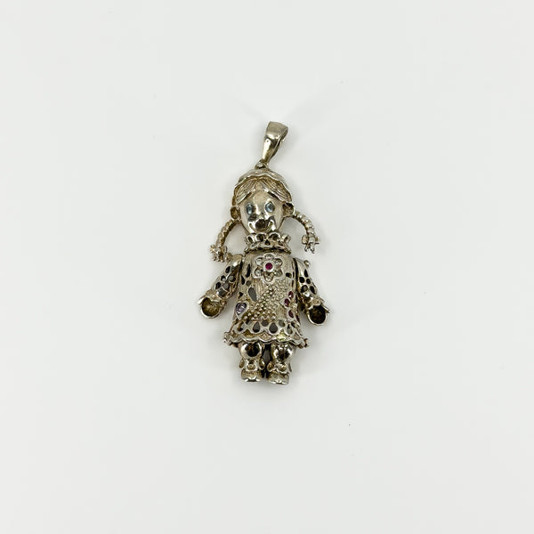Large Chunky Sterling Silver Vintage Articulated Rag Doll Gem Set Pendant 925