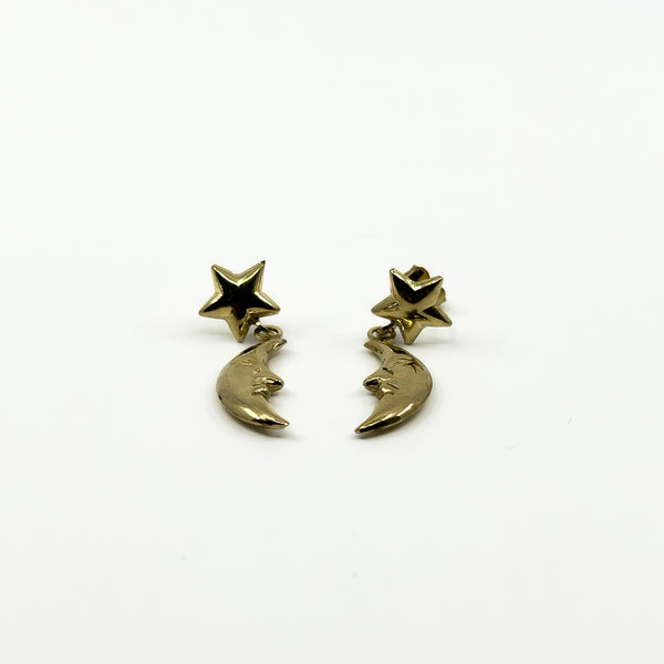 Vintage 9ct Gold Celestial Moon & Star Dangle Drop Earrings 375